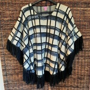 Oversized Poncho Boho Checked Plaid Windowpane Eyelash Fringe Trim Black Size M